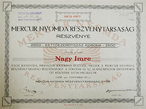 Mercur Nyomda Részvénytársaság részvény 5x500 2500 korona 1921 Győr