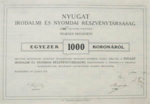 Nyugat Irodalmi és Nyomdai Részvénytársaság részvény 1000 korona 1911
