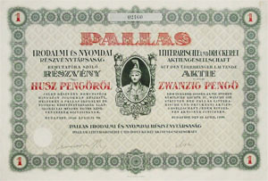 Pallas Irodalmi és Nyomdai Részvénytársaság részvény 20 pengő 1926