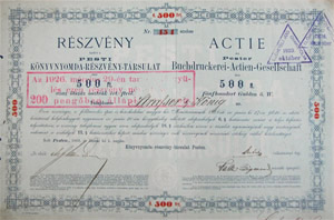 Pesti Könyvnyomda Részvénytársulat 500 forint 1869 Pest
