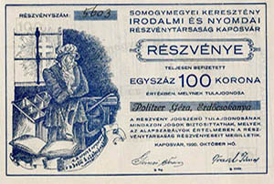 Somogymegyei Keresztény Irodalmi és Nyomdai Részvénytársaság Kaposvár részvény 100 korona 1920