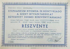 Stephaneum Nyomda és Könyvkiadó, A Szent István Társulat Egyesített Üzemei Részvénytársaság részvény 20x10 200 pengő 1946