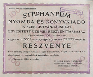 Stephaneum Nyomda és Könyvkiadó, A Szent István Társulat Egyesített Üzemei Részvénytársaság részvény 100x200 korona 1923