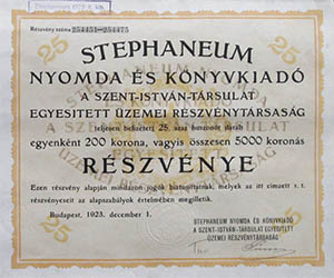 Stephaneum Nyomda és Könyvkiadó, A Szent István Társulat Egyesített Üzemei Részvénytársaság részvény 25x200 5000 korona 1923
