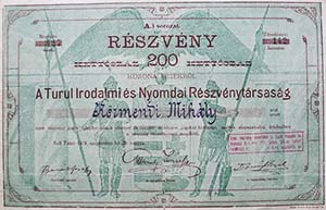 Turul Irodalmi és Nyomdai Részvénytársaság részvény 200 korona 1919 Tata