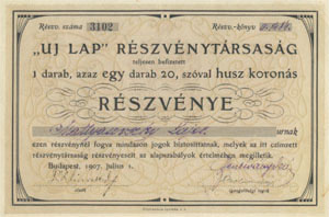 Új Lap Részvénytársaság részvény 20 korona 1907