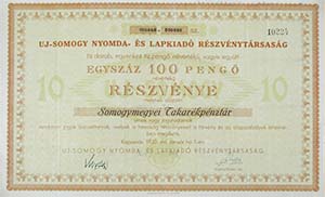 Új-Somogy Nyomda és Lapkiadó Részvénytársaság részvény 10x10 100 pengő 1930 Kaposvár