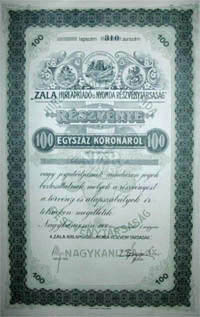 Zala Hírlapkiadó és Nyomda Részvénytársaság részvény 100 korona 1909 Nagykanizsa