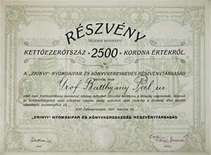 Zrínyi Nyomdaipar és Könyvkereskedés Részvénytársaság részvény 2500 korona 1921 Zalaegerszeg