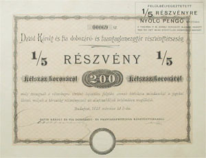 Dávid Károly és Fia Dobozáru- és Faanyaglemezgyár  Részvénytársaság 200 korona 1923