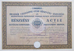Brassói Cellulose Gyár Részvénytársaság részvény 2000 korona 1923