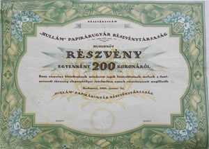 Hullám Papírárugyár Részvénytársaság részvény 25x200 5000 korona 1923
