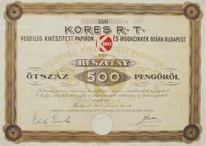 Kores Vegyileg Kikészített Papírok és Irodacikkek  Gyára Budapest Részvénytársaság 500 pengő 1935