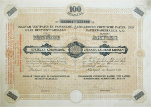 Magyar Vegypapír és Papírnemügyár Részvénytársaság részvény 100x200 20000 korona 1923