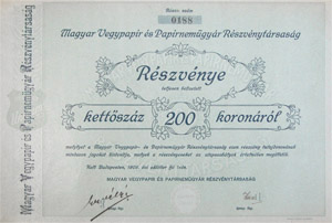 Magyar Vegypapír és Papírnemügyár Részvénytársaság részvény 200 korona 1909