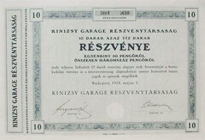 Kinizsy Garage Részvénytársaság 300 pengő 1928