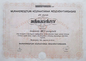 Murakereszturi Közraktárak Részvénytársaság részvény 25x40 1000 pengő 1925