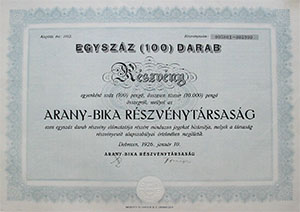 Arany Bika Részvénytársaság részvény 100x100 pengő 1926