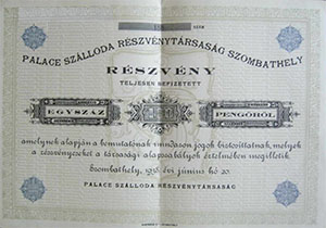 Palace Szálloda Részvénytársaság Szombathely részvény 100 pengő 1928
