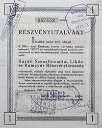 Baróti Szeszfinomító-, Likőr- és Rumgyár Részvénytársaság részvényutalvány 200 korona 1923