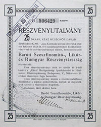 Baróti Szeszfinomító-, Likőr- és Rumgyár Részvénytársaság részvényutalvány 25x200 korona 1923