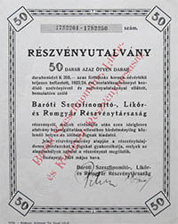 Baróti Szeszfinomító-, Likőr- és Rumgyár Részvénytársaság részvényutalvány 50x200 korona 1924