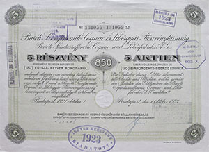 Baróti Szeszfinomító-, Likőr- és Rumgyár Részvénytársaság részvény 5x170 korona 1921