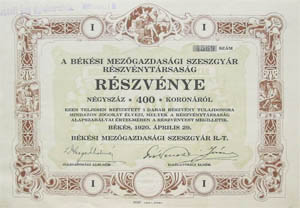 Békési Mezőgazdasági Szeszgyár Részvénytársaság reszveny 400 korona 1920