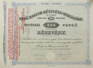 Első Magyar Részvény-Serfőzöde Részvénytársaság részvény 200 pengő 1929