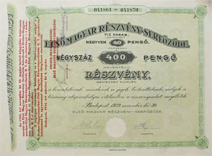 lső Magyar Részvény-Serfőzöde Részvénytársaság részvény 400 pengő 1929