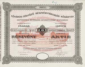 Fővárosi Sőrfőző Részvénytársaság Kőbányán részvény 120 pengő 1942