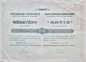 Fővárosi Sőrfőző Részvénytársaság Kőbányán részvény 200 korona 1921