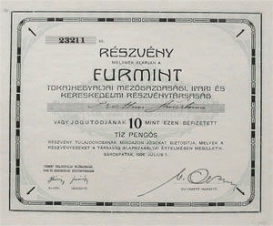 Furmint Tokajhegyaljai Mezőgazdasági, Ipari és  Mezőgazdasági Részvénytársaság részvény 10 pengő 1926