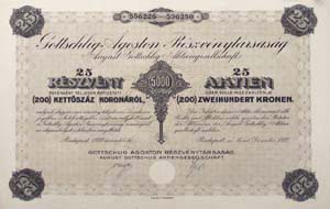 Gottschlig Ágoston Részvénytársaság részvény 25x200 5000 korona 1923