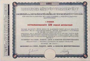 Gschwindt-féle Szesz-, Élesztő-, Likőr- és Rumgyár  Részvénytársaság részvény elismervény 125 pengő 1946
