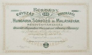Hungária Sörfőző és Malátagyár Részvénytársaság részvény 100 korona 1900 Nagyvárad