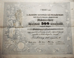 Jászberényi Bortermelők Első Pinczeszövetkezete Mint Részvénytársaság Jászberényben részvény 300 korona 1918
