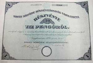 Király Sörfőzde Részvénytársaság Nagykanizsa részvény 10 pengő 1926