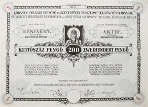 Kőbányai Polgári Serfőző és Szent István Tápszerművek  Részvénytársaság részvény 200 pengő 1940