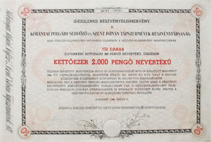 Kőbányai Polgári Serfőző és Szent István Tápszerművek  Részvénytársaság részvényelismervény 2000 pengő 1946