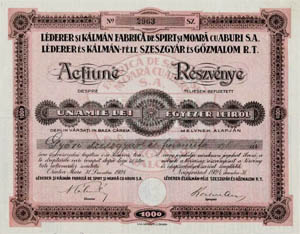 Léderer és Kálmám-féle Szeszgyár és Gőzmalom Részvénytársaság részvény 1000 lei 1924 Nagyvárad