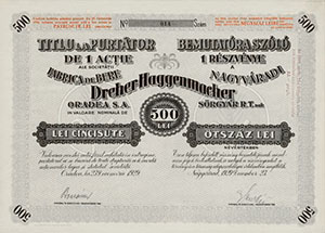 Nagyváradi Dreher-Haggenmacher Sörgyár Részvénytársaság  részvény 500 lei 1929 Nagyvárad