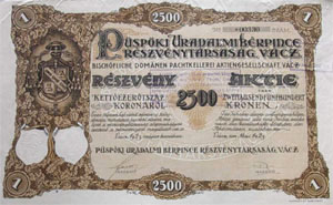 Püspöki Uradalmi Bérpince Részvénytársaság részvény 2500 korona 1923 Vác