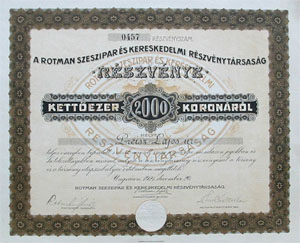 Rotman Szeszipar és Kereskedelmi Részvénytársaság részvény 2000 korona 1921 Ungvár