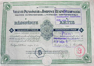 Villányi Pezsgőgyár és Borpince Részvénytársaság részvény 25 pengő 1926