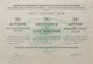 Budapest Warnsdorfi Pamutszövetgyár Részvénytársaság 25x200 korona 1923