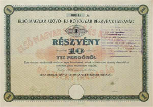 Első Magyar Szövő- és Kötőgyár Részvénytársaság részvény 10 pengő 1926 Vác