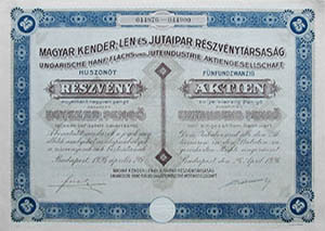 Magyar Kender-, Len- és Jutaipar Részvénytársaság részvény 25x40 pengő 1926