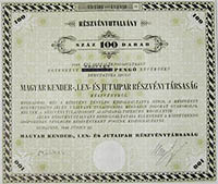 Magyar Kender-, Len- és Jutaipar Részvénytársaság részvényutalvány 100x40 pengő 1946