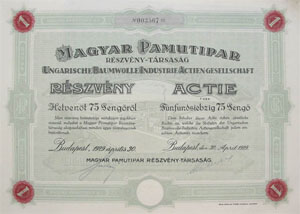 Magyar Pamutipar Részvénytársaság  75 pengő 1929